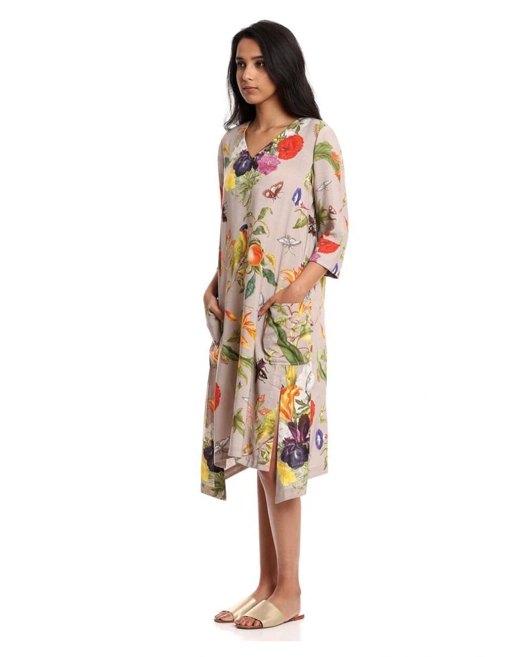 Beige Tropical Print Dress - Image 3