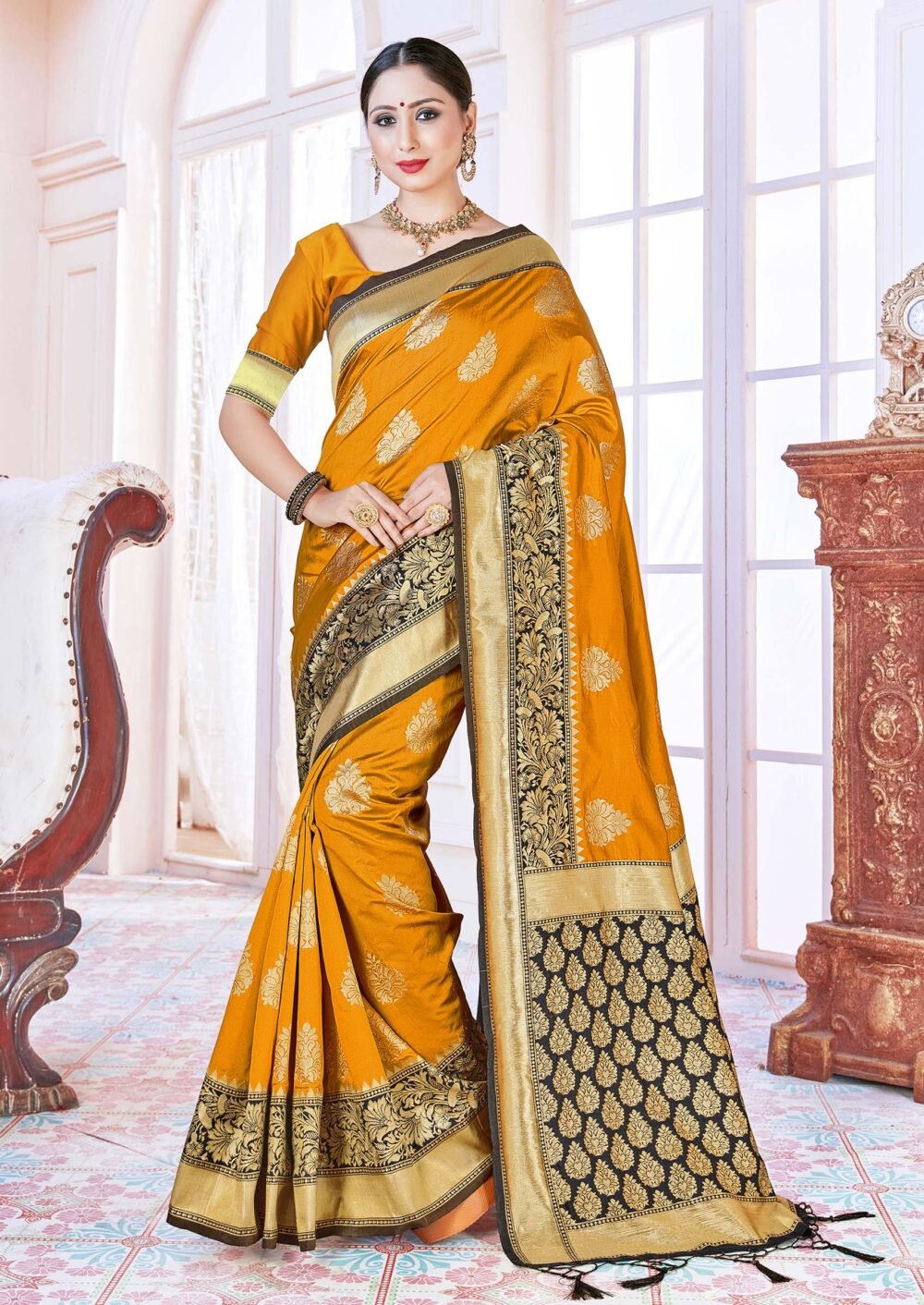 Mustard Woven Design Banarasi Art Silk Saree Set