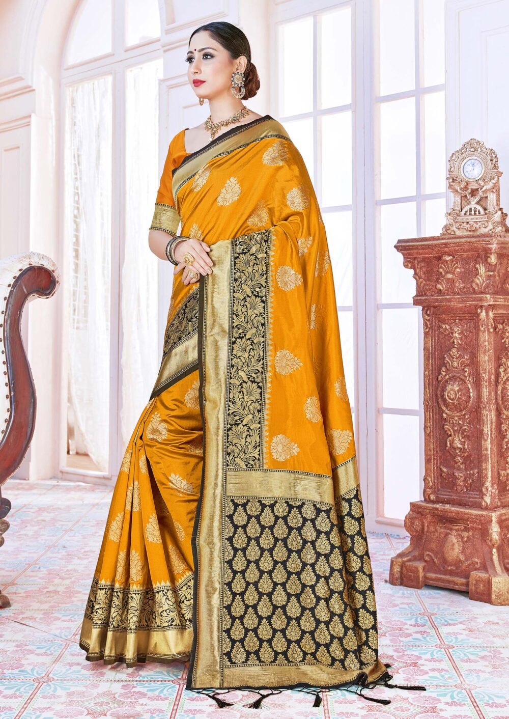 Mustard Woven Design Banarasi Art Silk Saree Set - Image 4