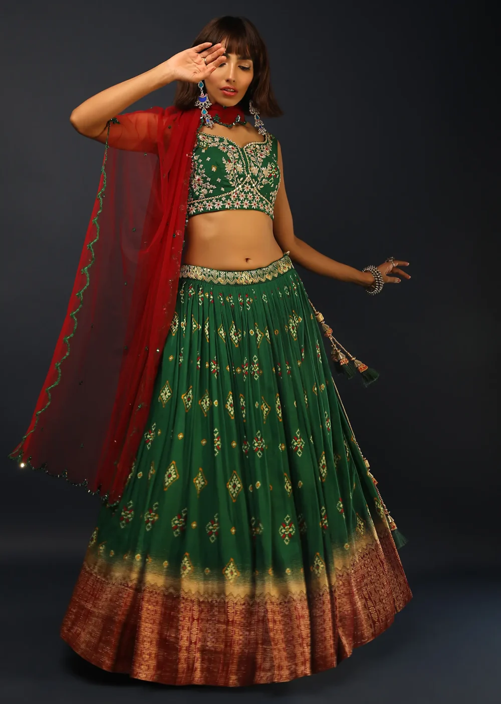 Bottle Green Lehenga In Silk With Patola Printed Buttis And Woven Maroon Border