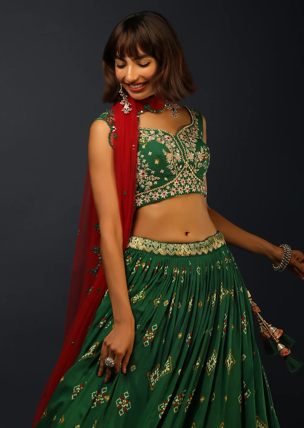 Bottle Green Lehenga In Silk With Patola Printed Buttis And Woven Maroon Border - Image 3