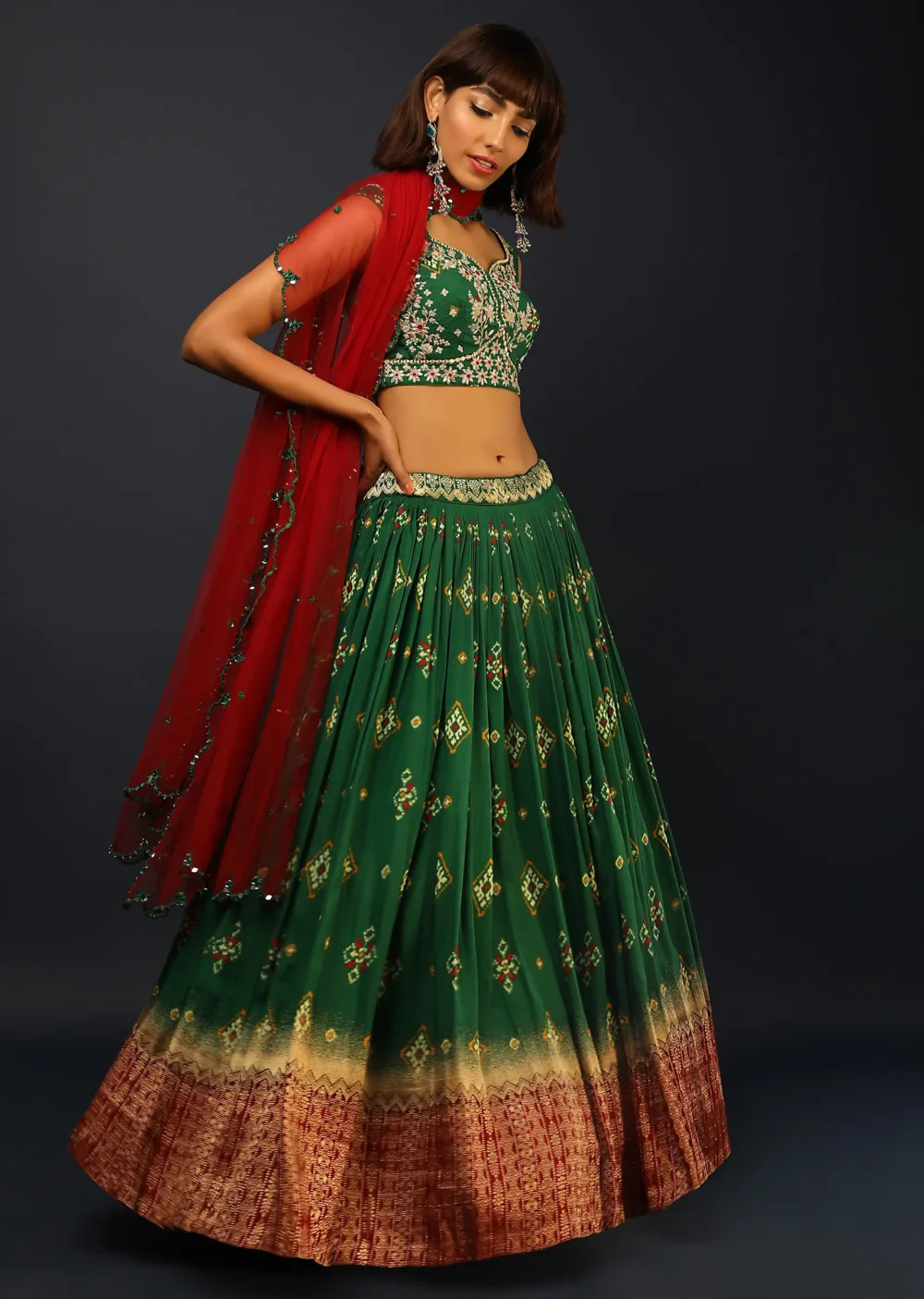 Bottle Green Lehenga In Silk With Patola Printed Buttis And Woven Maroon Border - Image 5