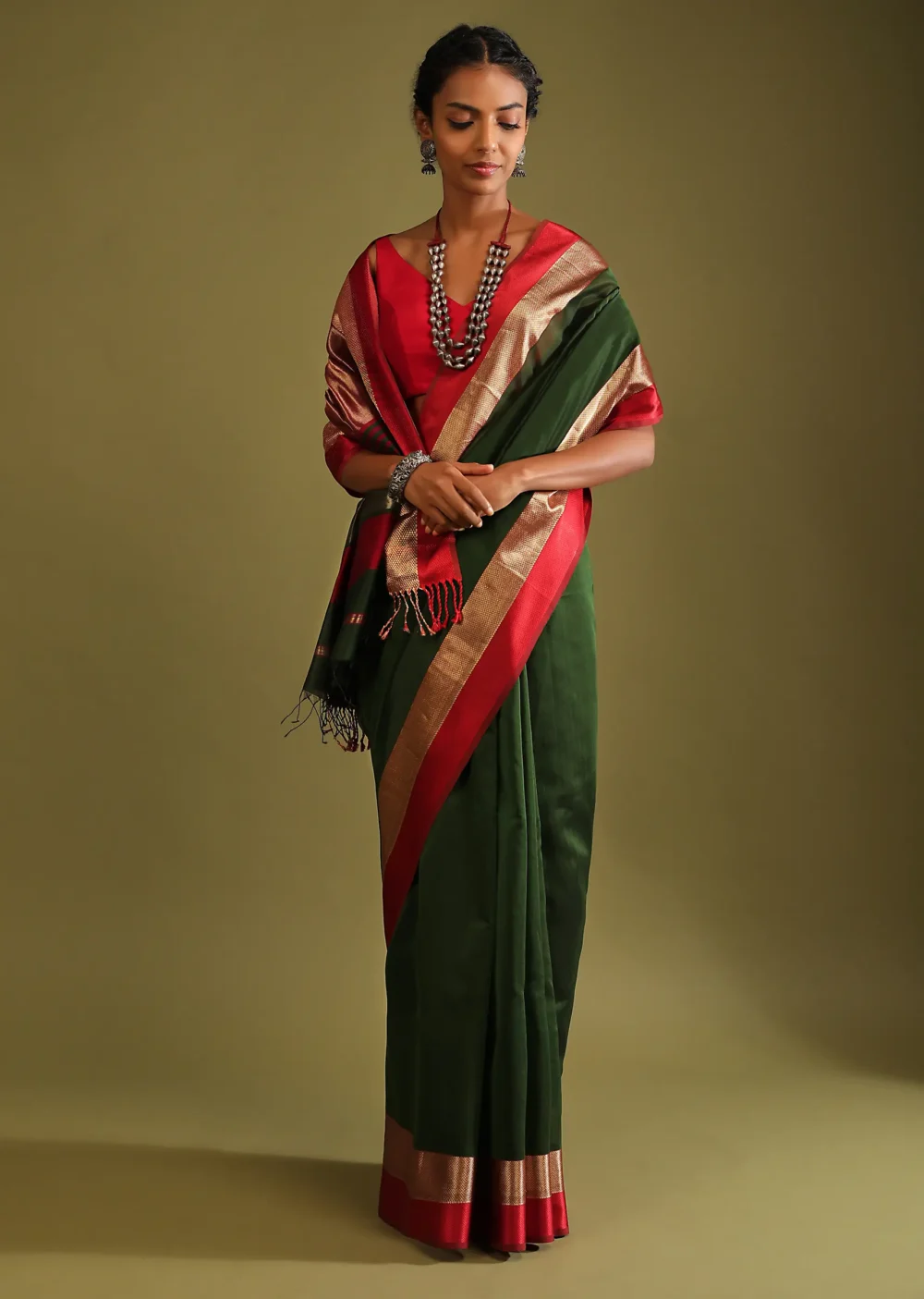 Cypress Green Saree In Tussar Silk With Gold And Red Woven Border And Striped Pallu Design