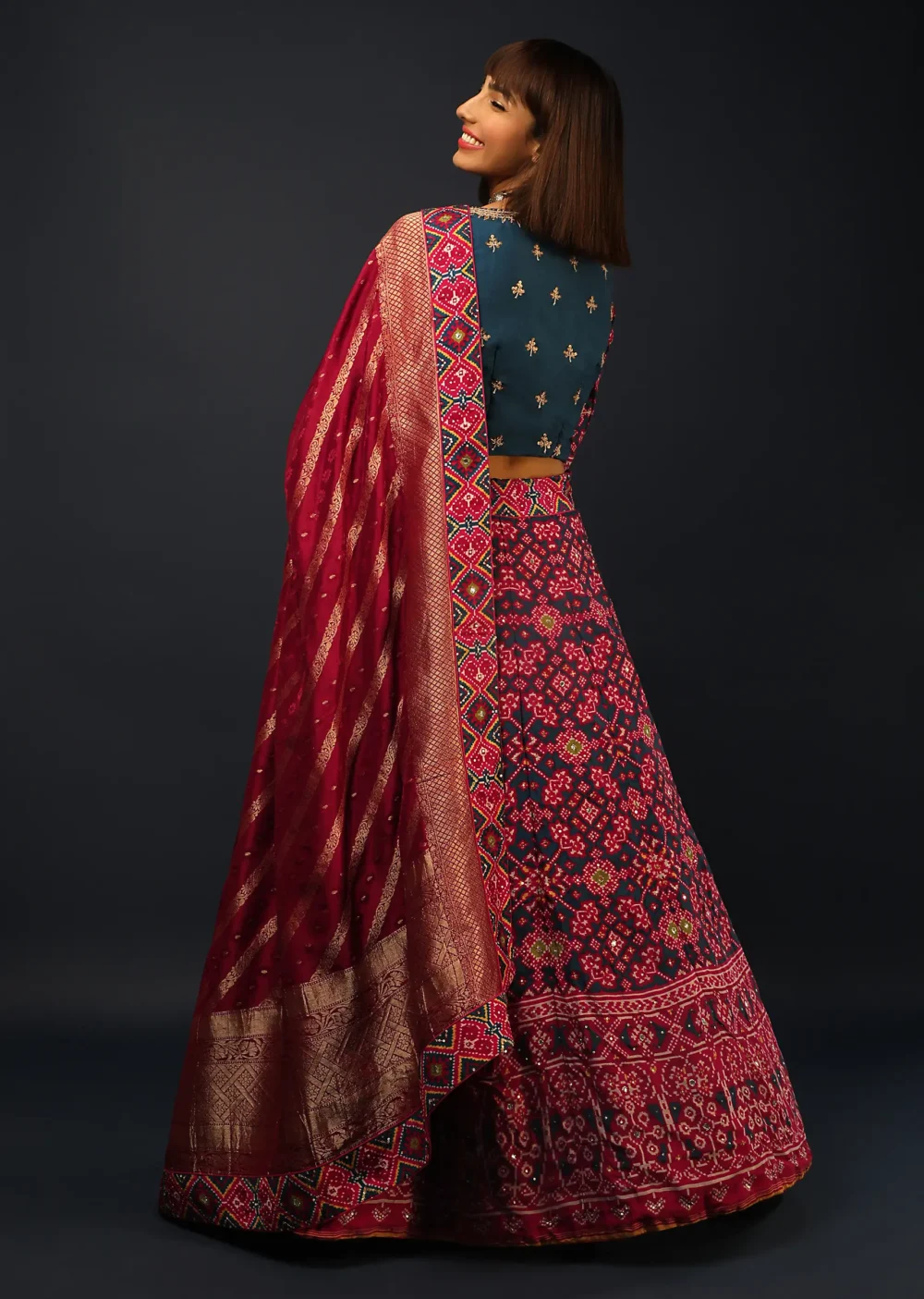 Deep Blue Lehenga In Silk With Maroon Patola Print And Ready Stitched Blouse - Image 4