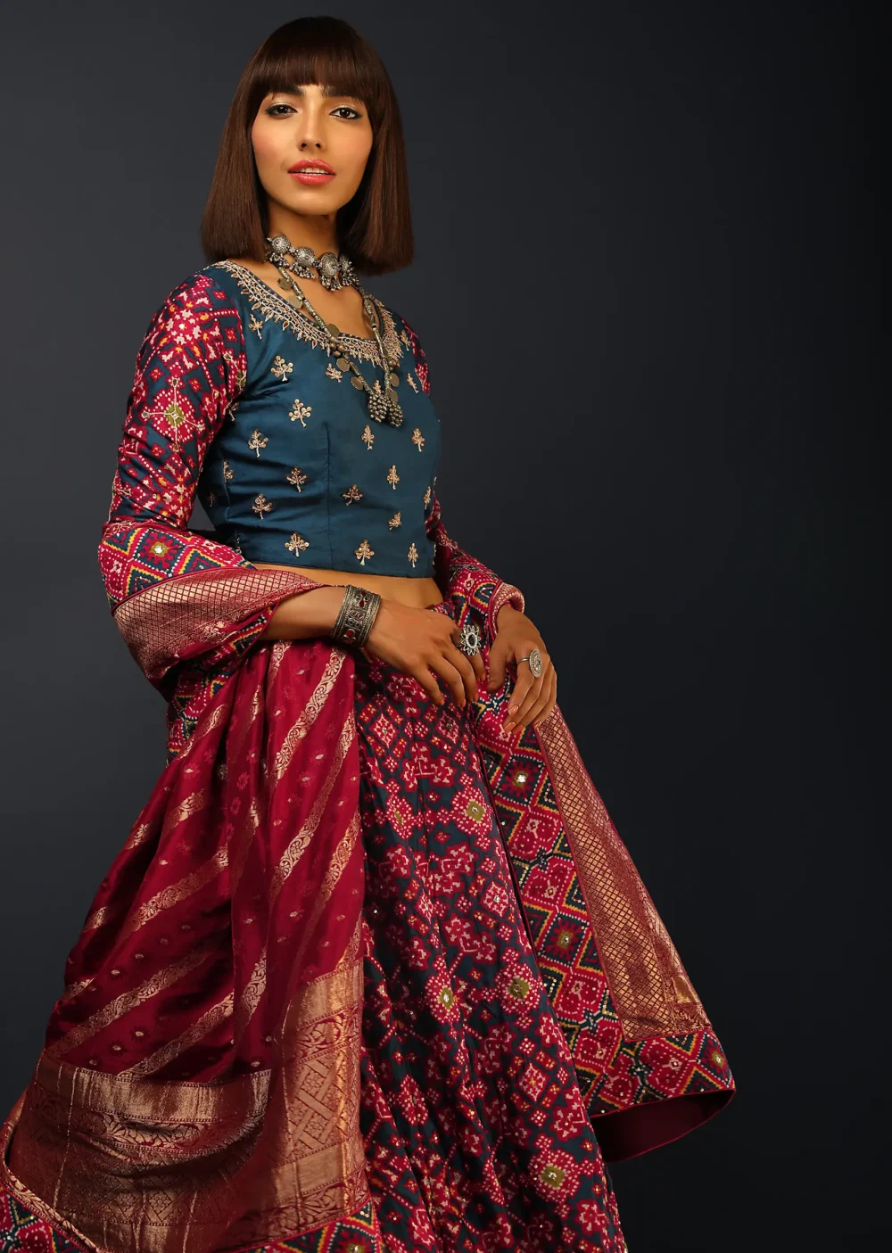 Deep Blue Lehenga In Silk With Maroon Patola Print And Ready Stitched Blouse - Image 2