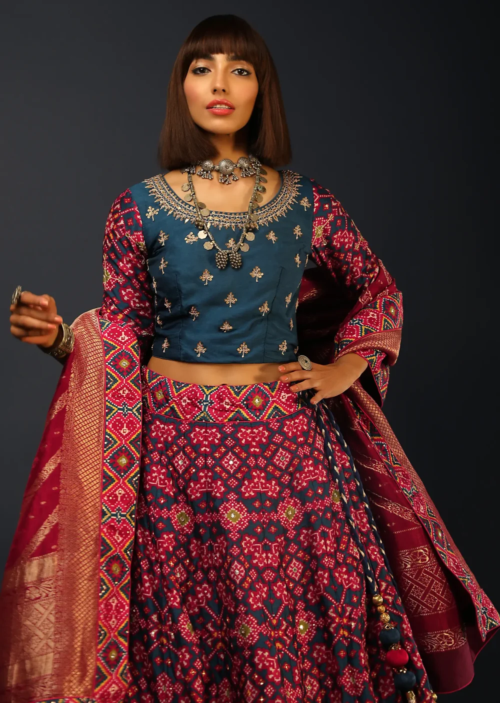 Deep Blue Lehenga In Silk With Maroon Patola Print And Ready Stitched Blouse - Image 3