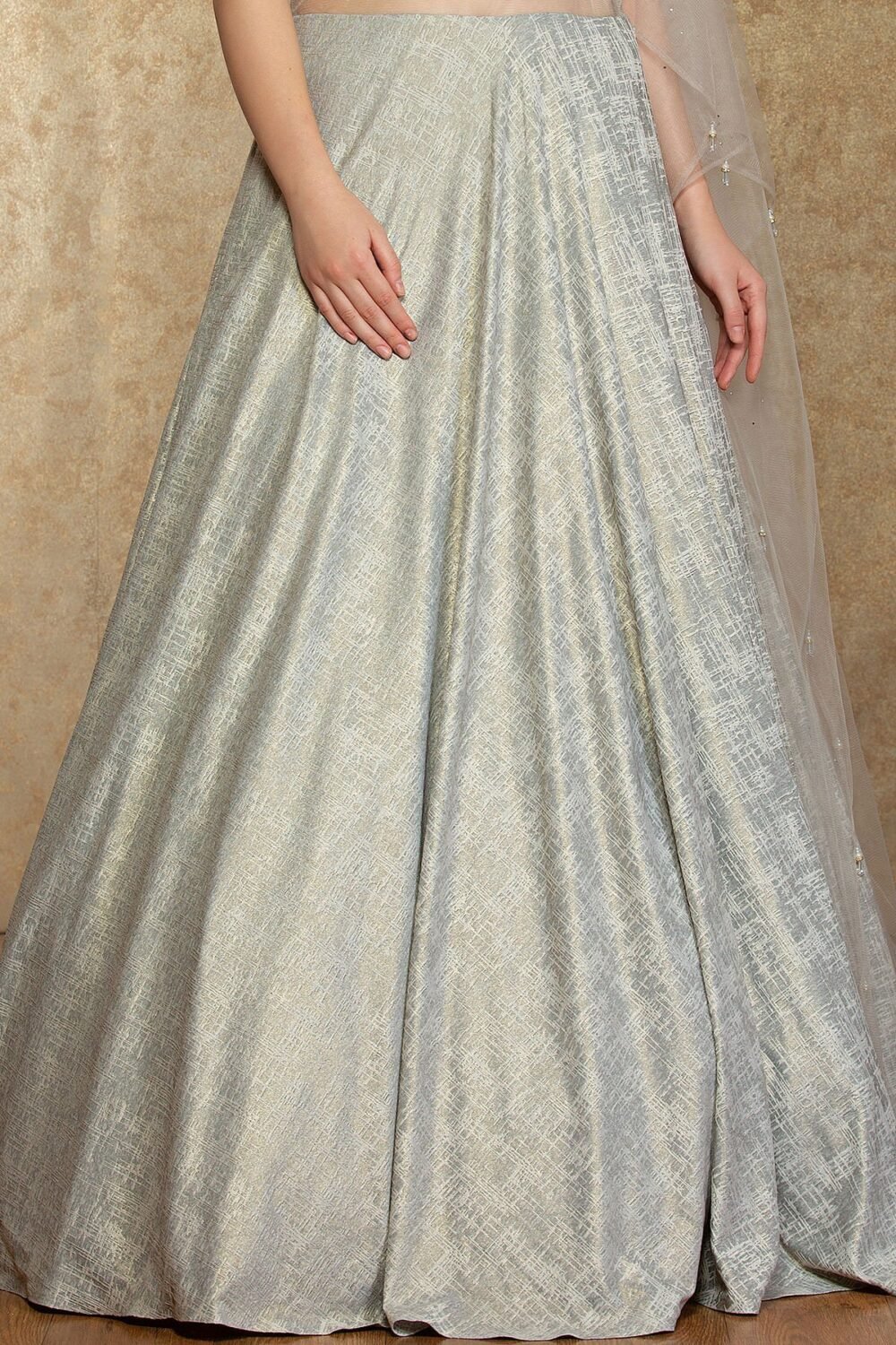 Light Grey Applique Embroidered Silk Evening Gown - Image 3