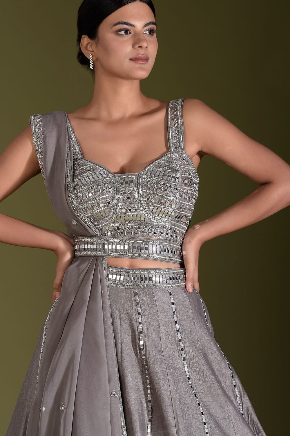 Mink Grey Mirror Embroidered Raw Silk Designer Lehenga - Image 4