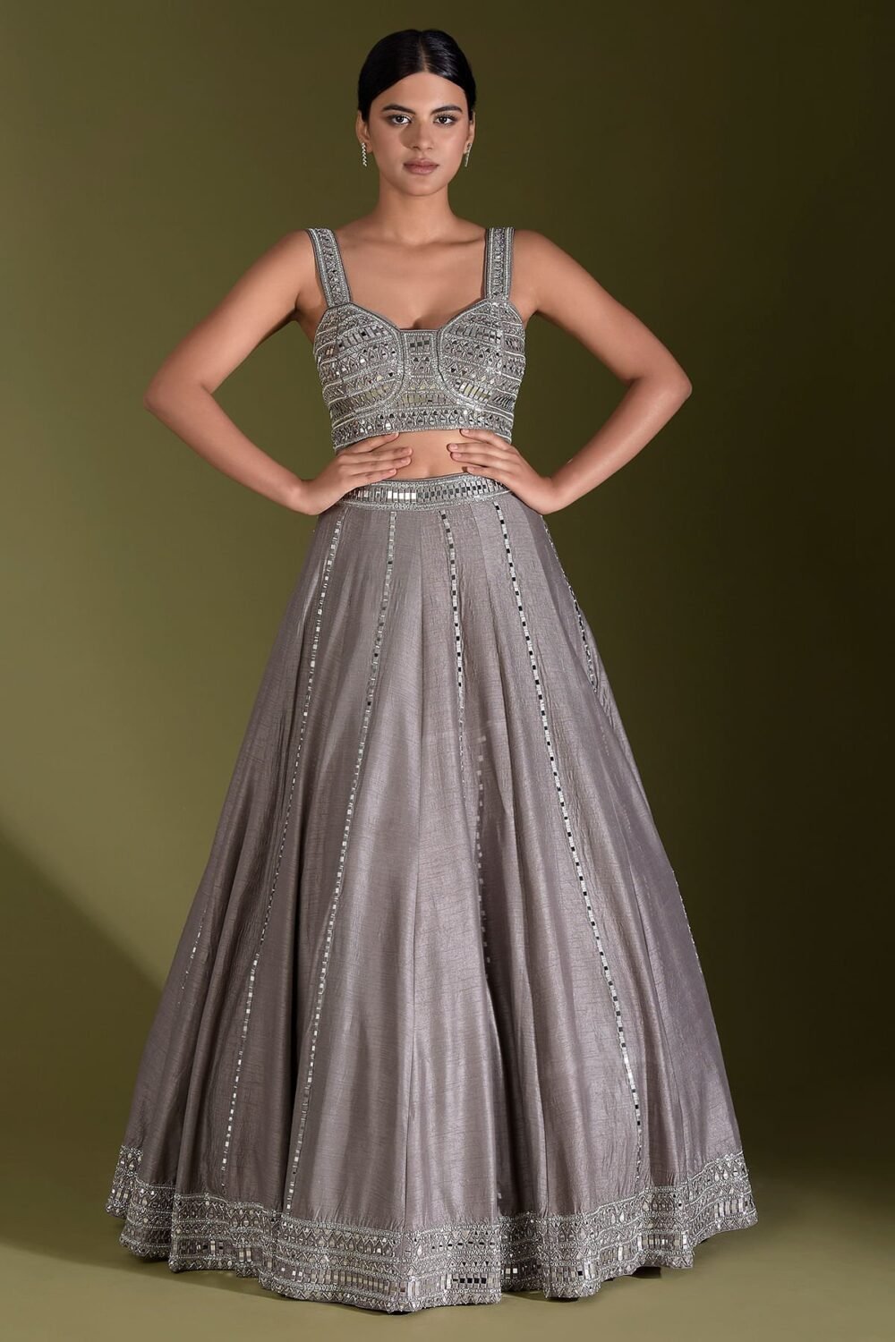 Mink Grey Mirror Embroidered Raw Silk Designer Lehenga - Image 3