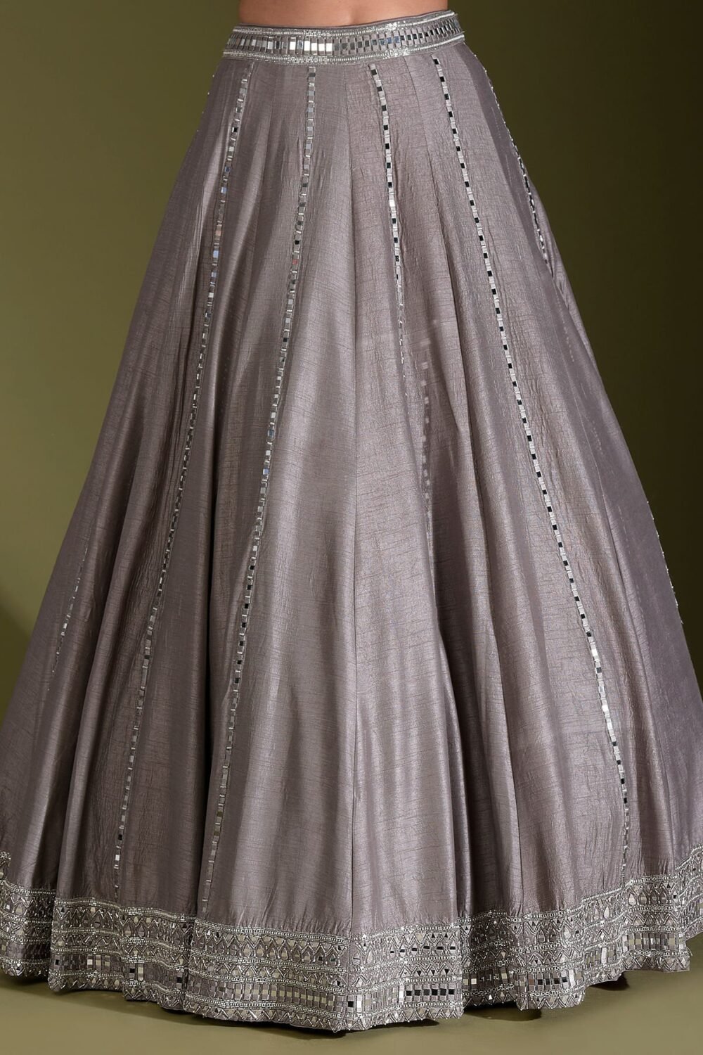 Mink Grey Mirror Embroidered Raw Silk Designer Lehenga - Image 6