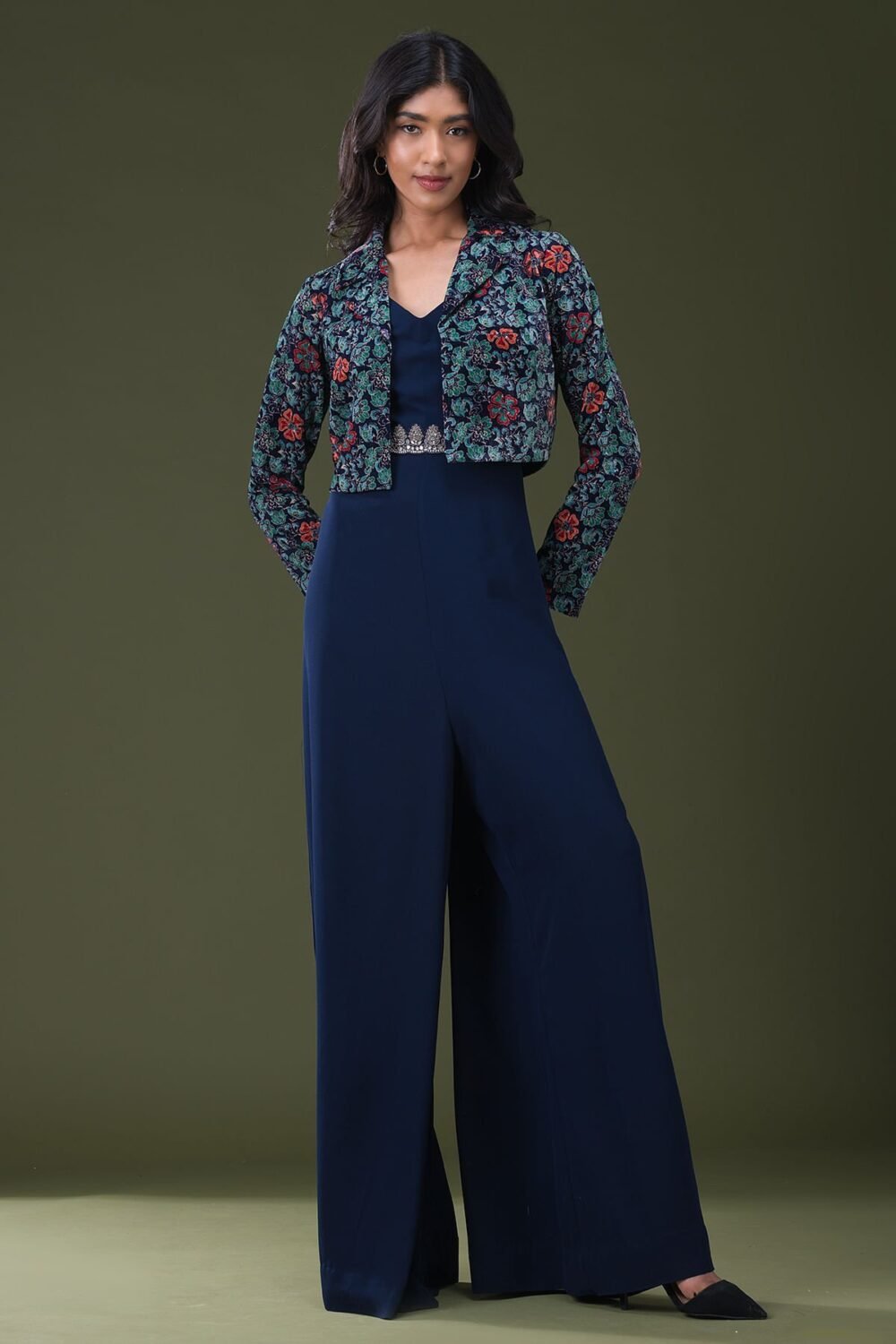 Dark Prussian Blue Abla Embroidered Georgette Jumpsuit - Image 5