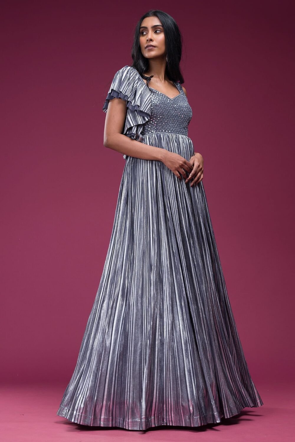 Grey Mirror Embroidered Silk Evening Gown - Image 4