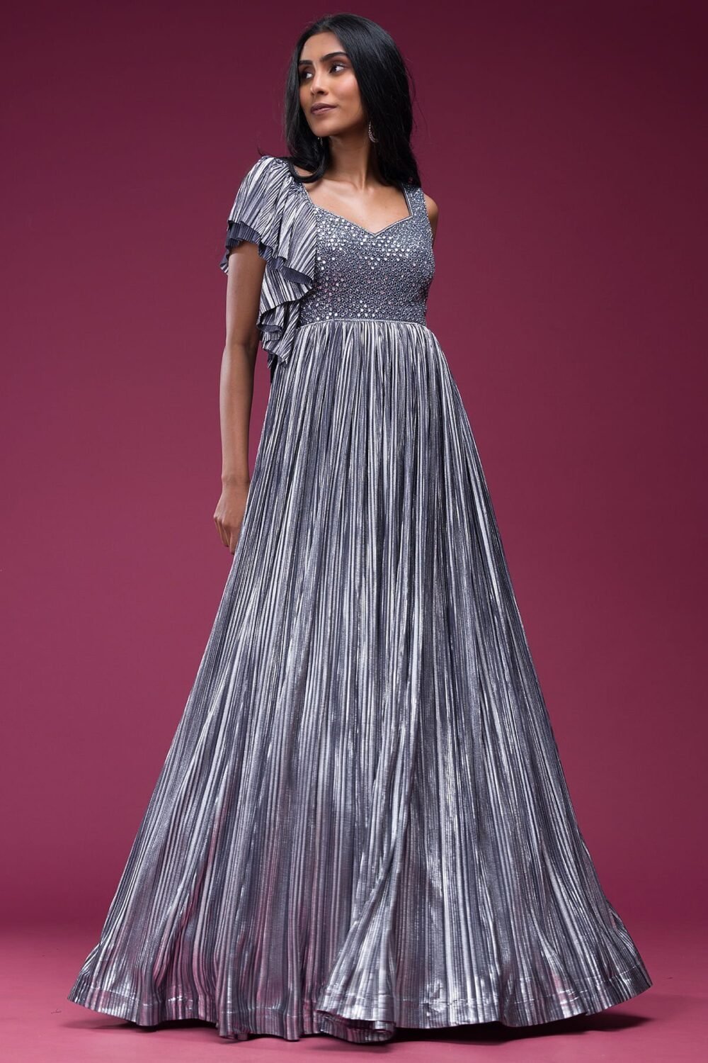 Grey Mirror Embroidered Silk Evening Gown - Image 6