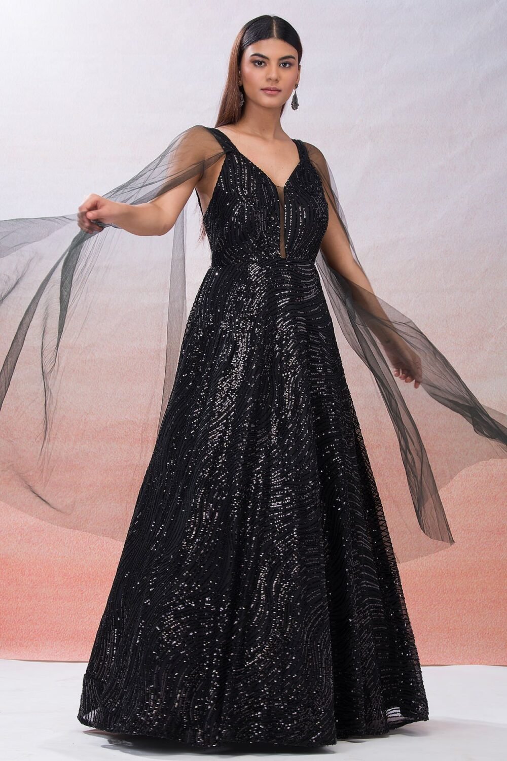 Black Sequins Embroidered Net Evening Gown - Image 2