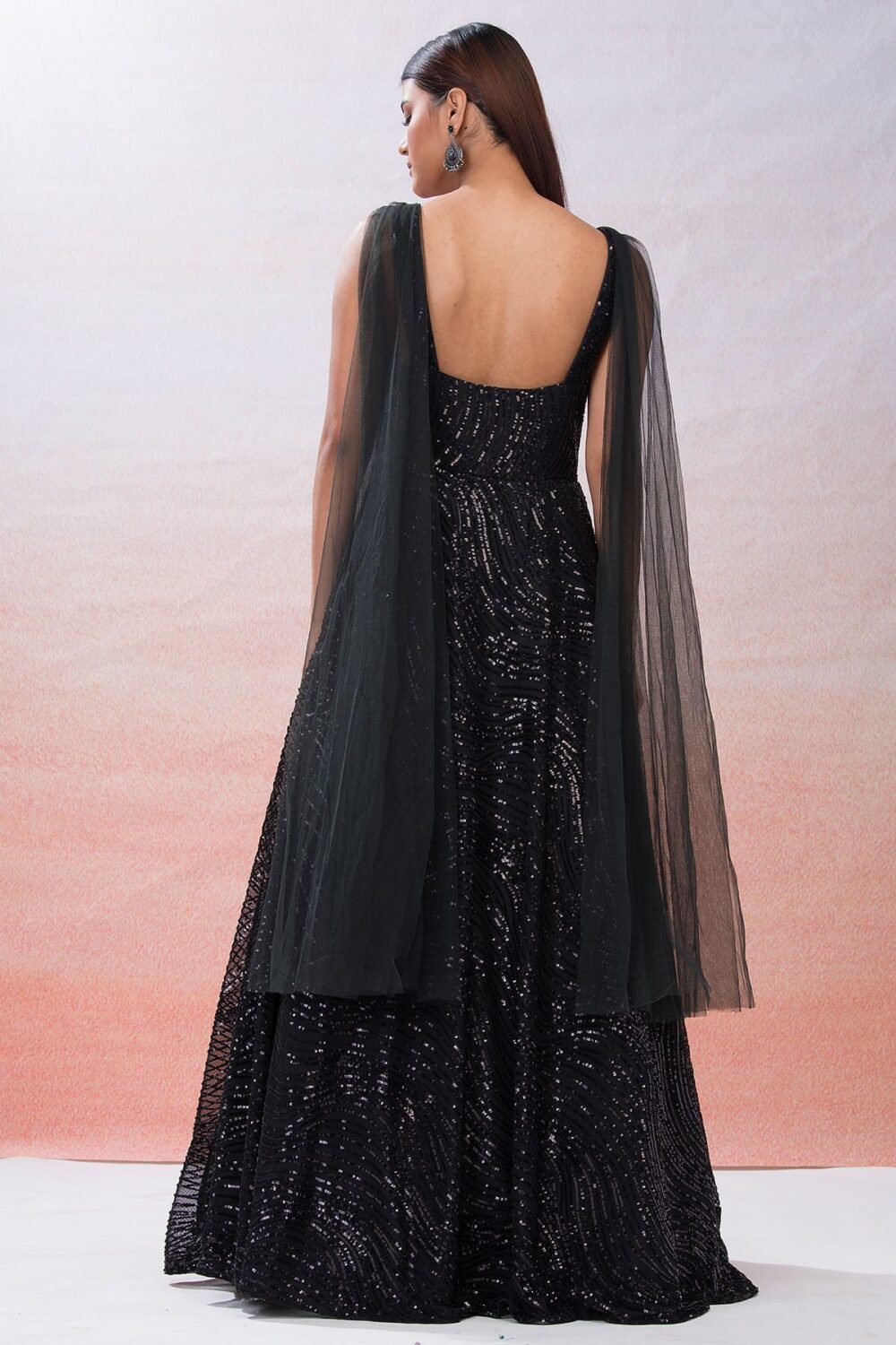 Black Sequins Embroidered Net Evening Gown - Image 6