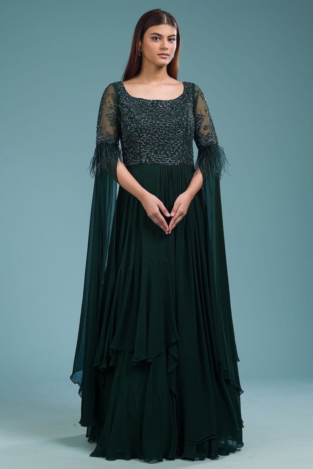 Pine Grove Green Sequins Embroidered Georgette Indowestern Gowns