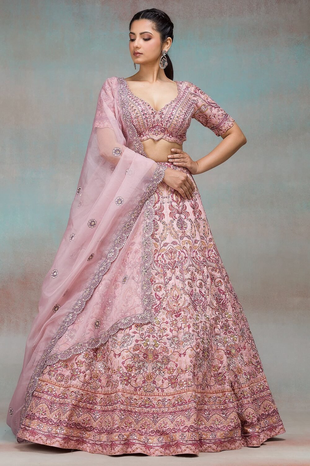 Peach Mirror Embroidered Raw Silk Bridesmaid Lehenga