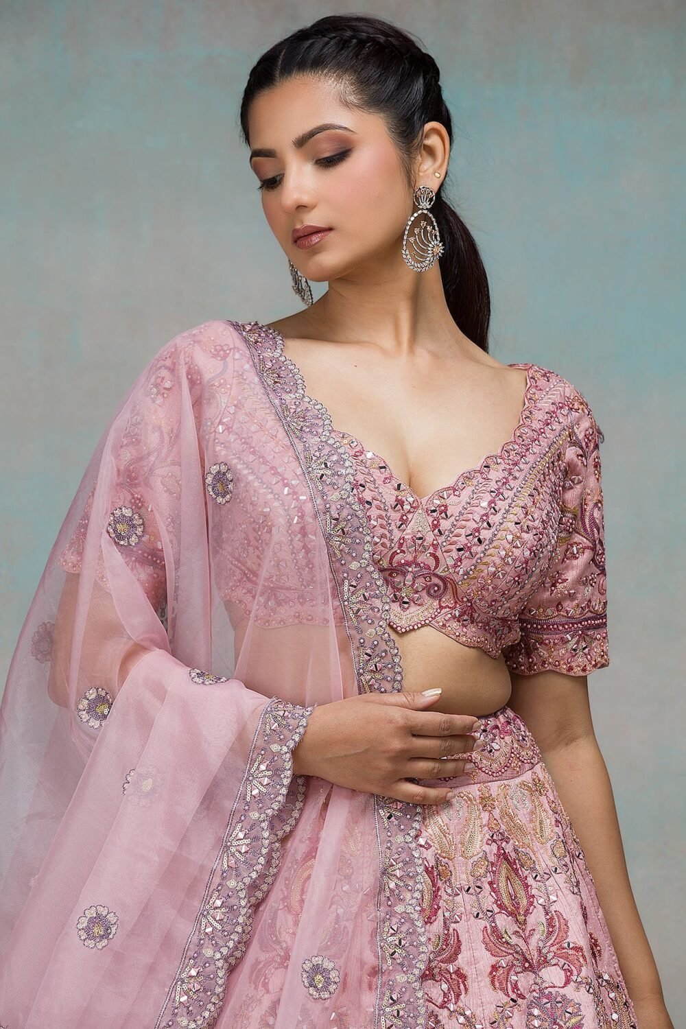 Peach Mirror Embroidered Raw Silk Bridesmaid Lehenga - Image 3