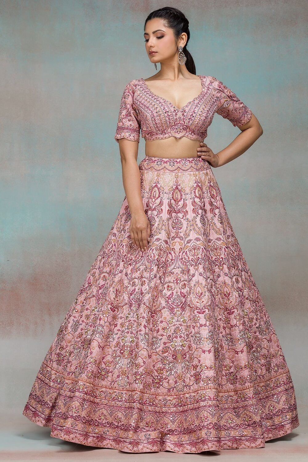 Peach Mirror Embroidered Raw Silk Bridesmaid Lehenga - Image 2