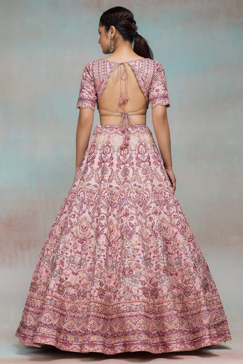 Peach Mirror Embroidered Raw Silk Bridesmaid Lehenga - Image 4