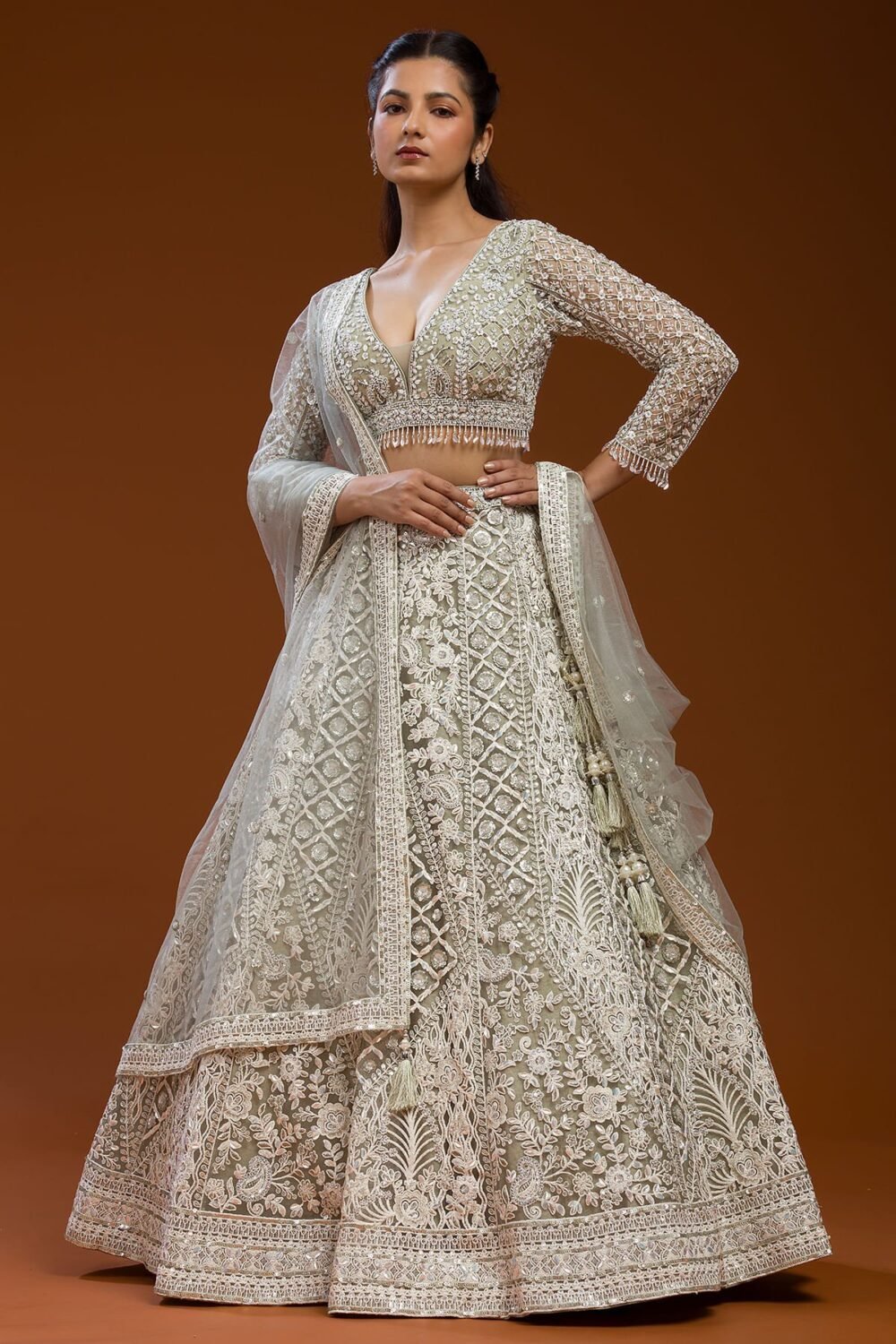 Light Grey Sequins Embroidered Net Sangeet Lehenga