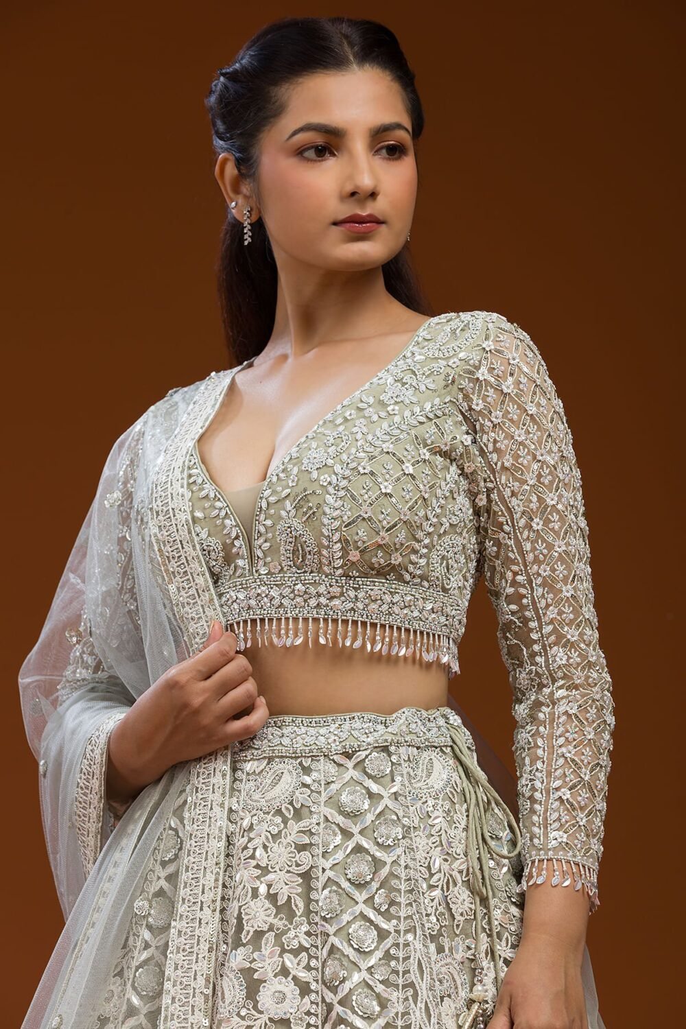 Light Grey Sequins Embroidered Net Sangeet Lehenga - Image 3