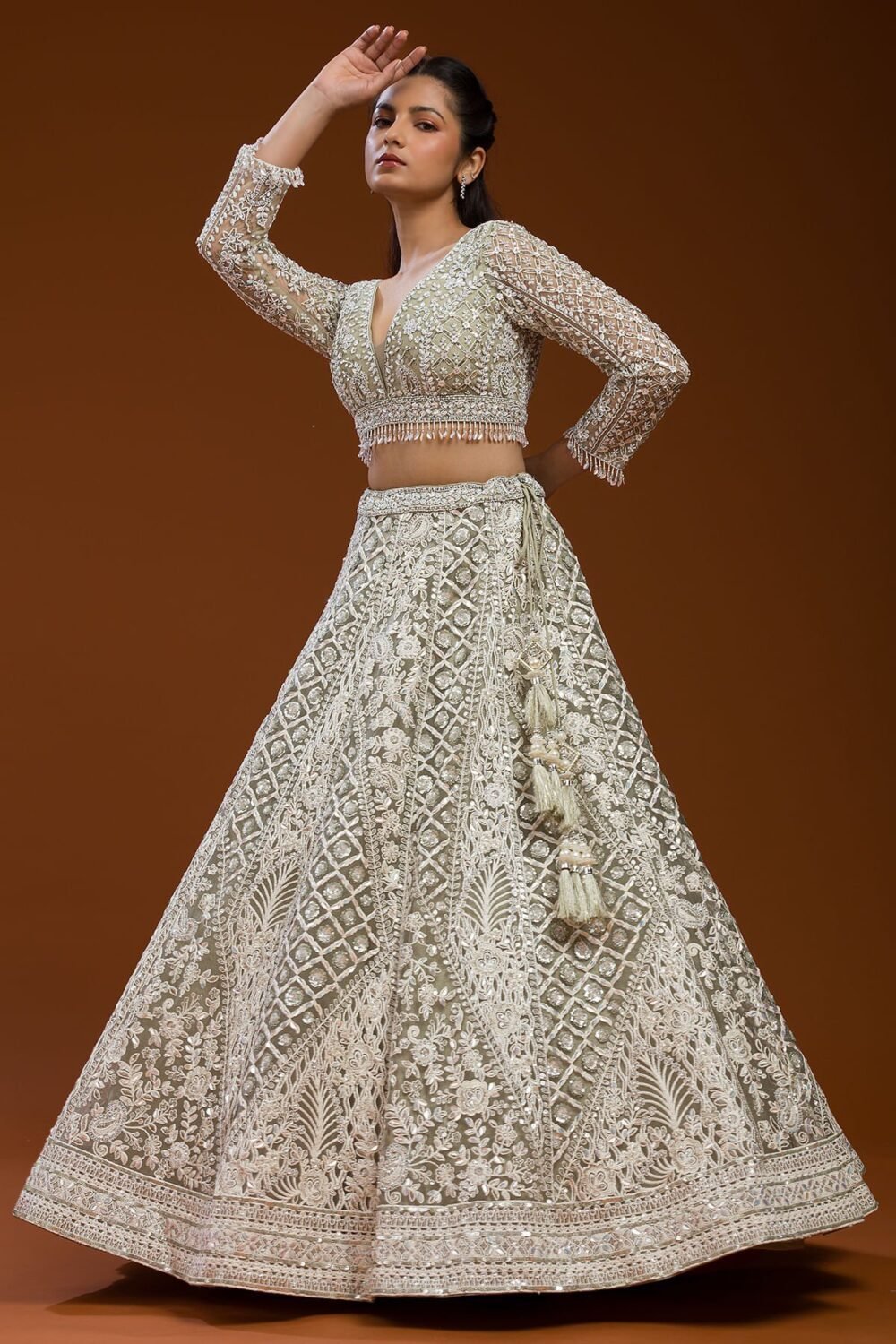 Light Grey Sequins Embroidered Net Sangeet Lehenga - Image 2