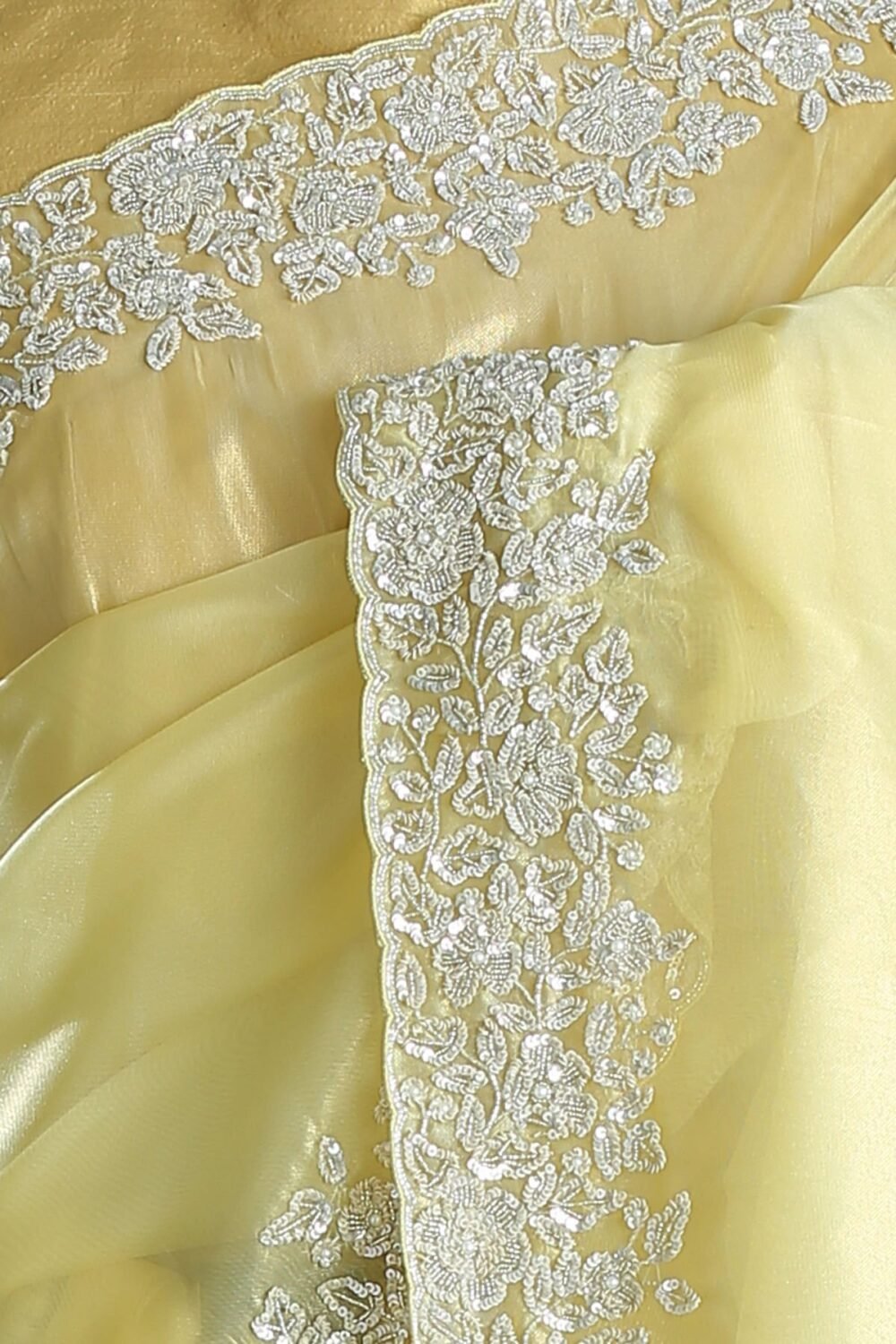 Golden Mist Yellow Sequins Embroidered Tissue Saree - Image 2