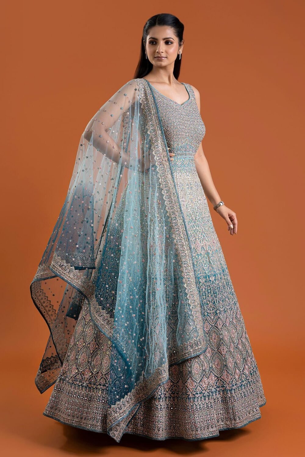 Light Blue Mirror Embroidered Silk Indowestern Gowns