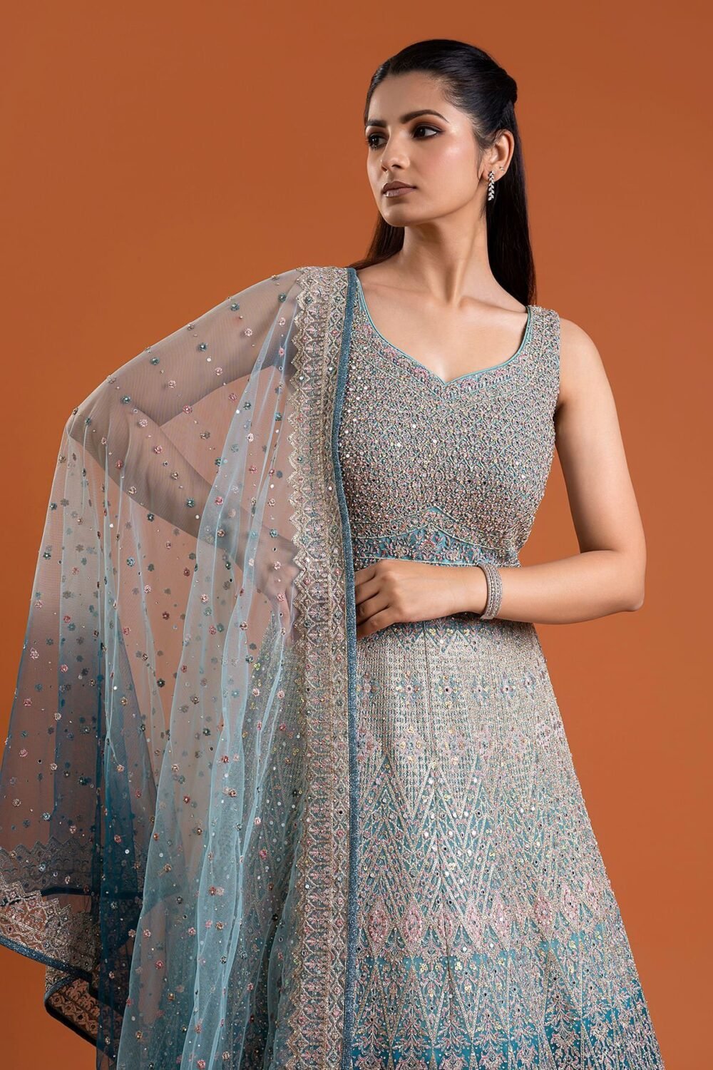 Light Blue Mirror Embroidered Silk Indowestern Gowns - Image 2