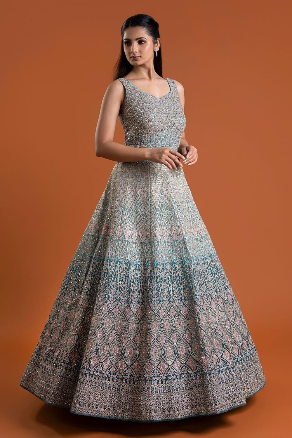 Light Blue Mirror Embroidered Silk Indowestern Gowns - Image 3