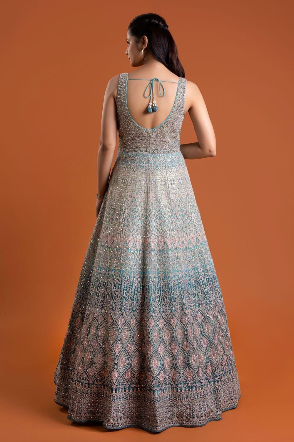 Light Blue Mirror Embroidered Silk Indowestern Gowns - Image 4