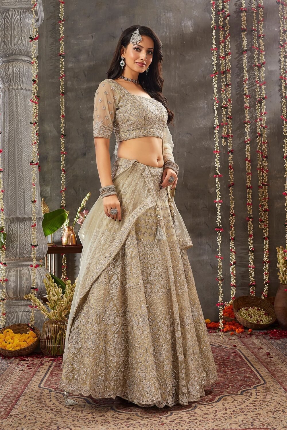 Asparagus Green Mirror Embroidered Net Bridesmaid Lehenga - Image 4