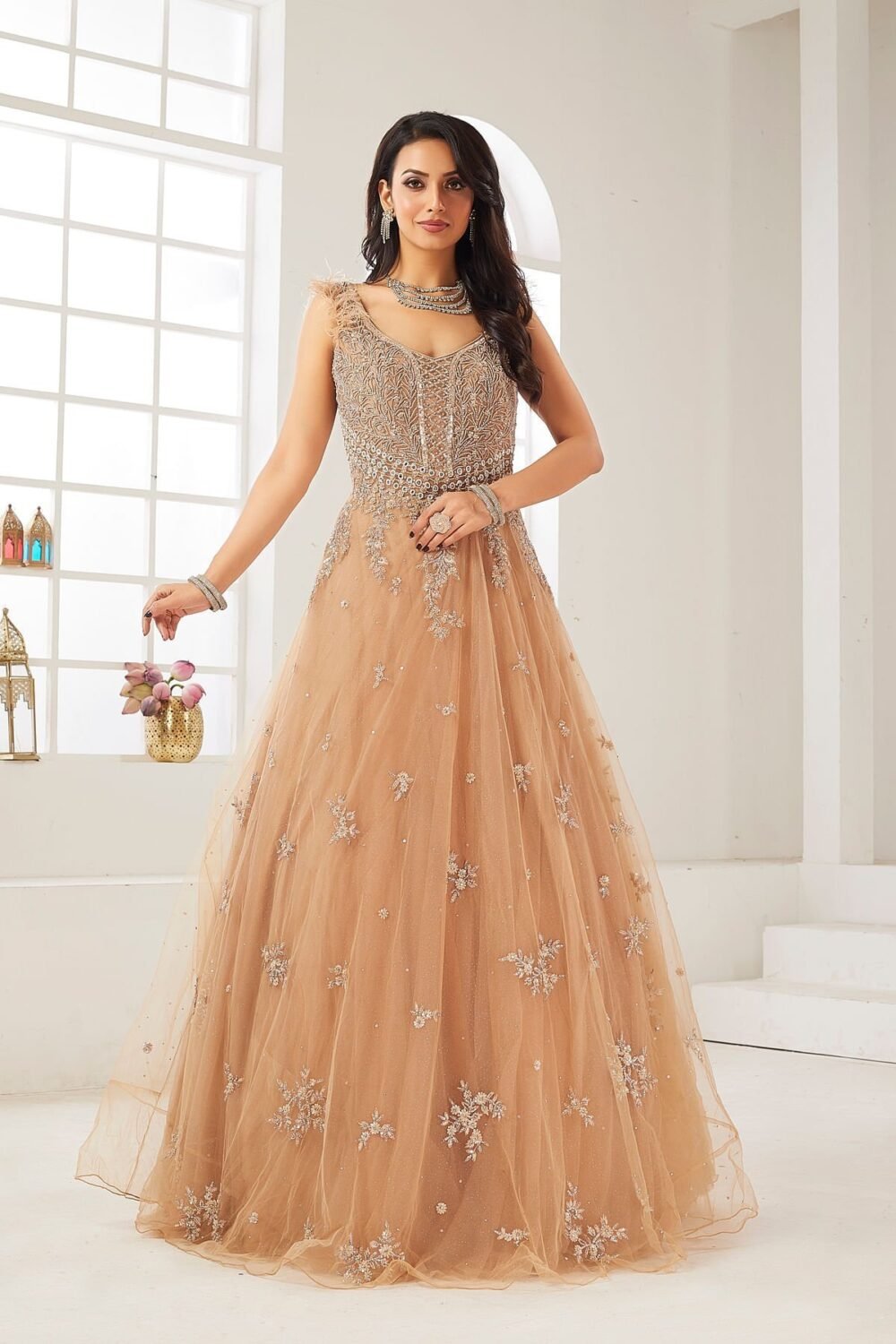 Warm Taupe Sequins Embroidered Net Cocktail Gown - Image 3