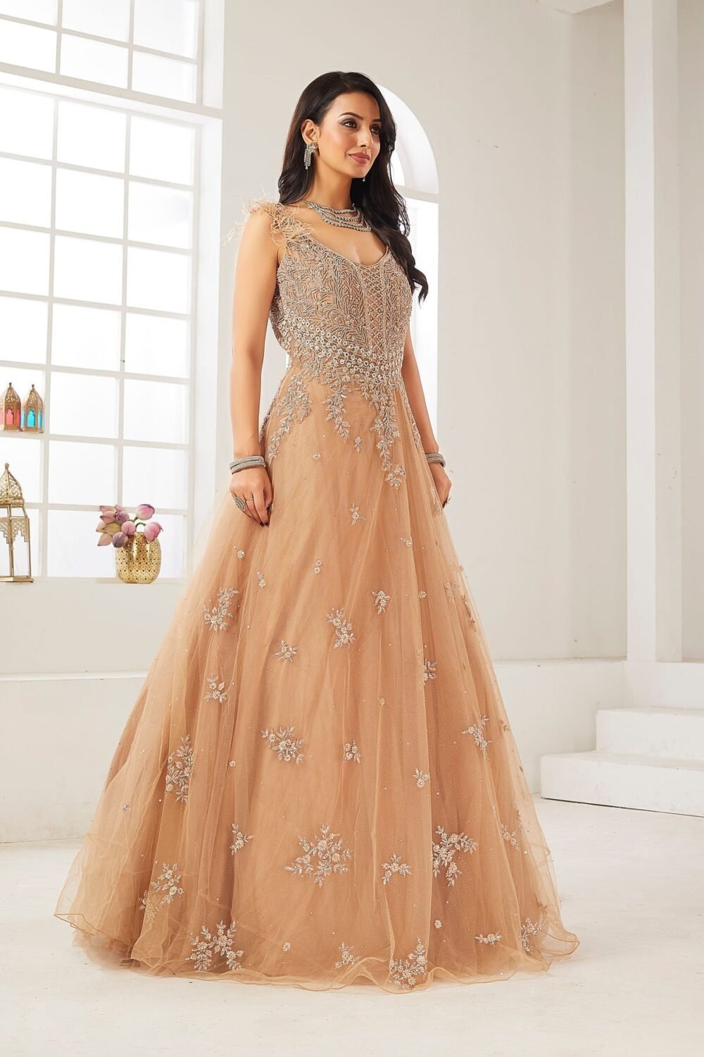 Warm Taupe Sequins Embroidered Net Cocktail Gown - Image 5