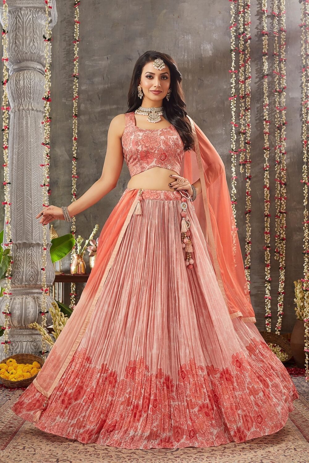 Peach Pearl Sequins Embroidered Crepe Party Wear Lehenga