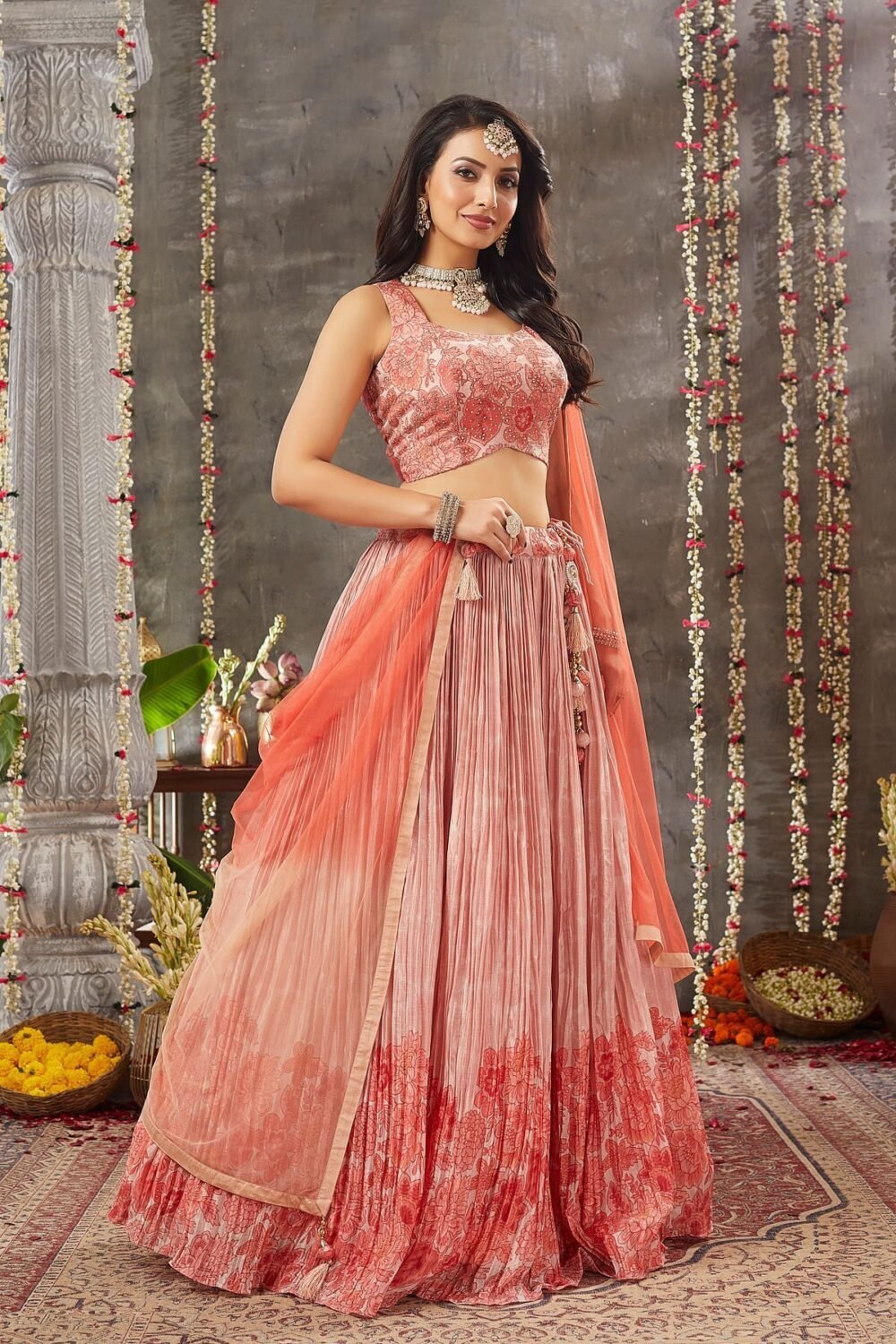 Peach Pearl Sequins Embroidered Crepe Party Wear Lehenga - Image 5