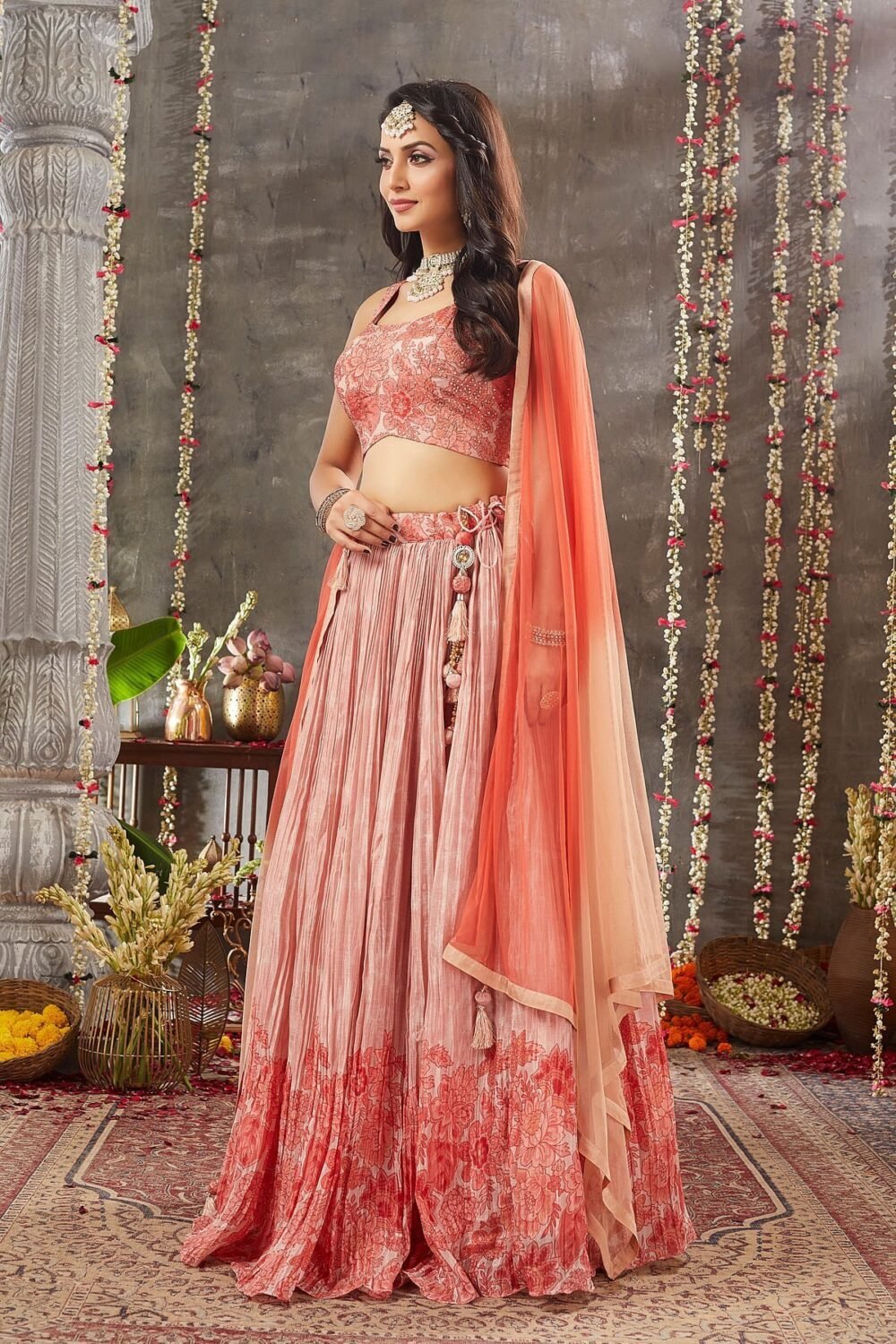 Peach Pearl Sequins Embroidered Crepe Party Wear Lehenga - Image 2