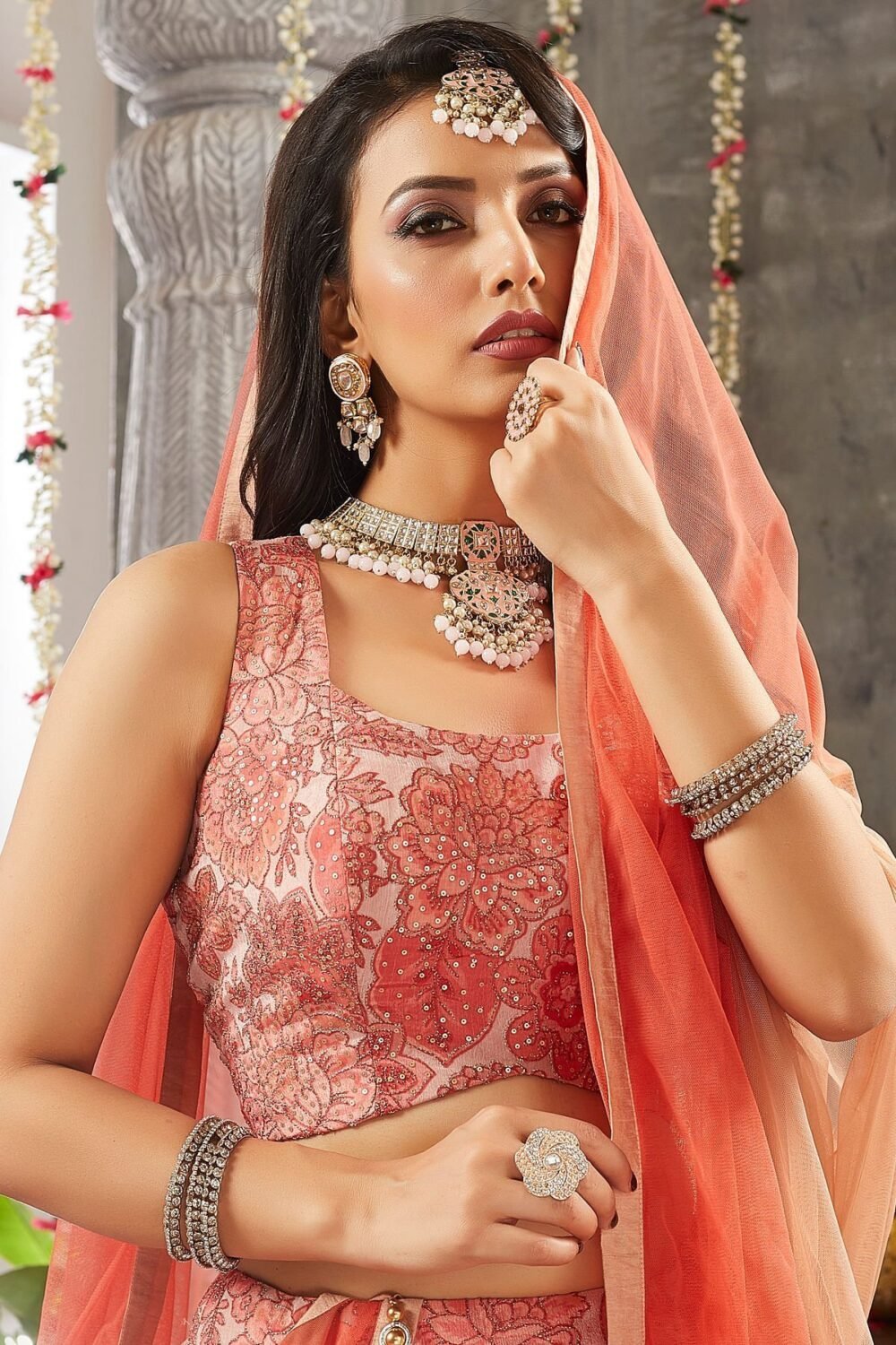 Peach Pearl Sequins Embroidered Crepe Party Wear Lehenga - Image 7