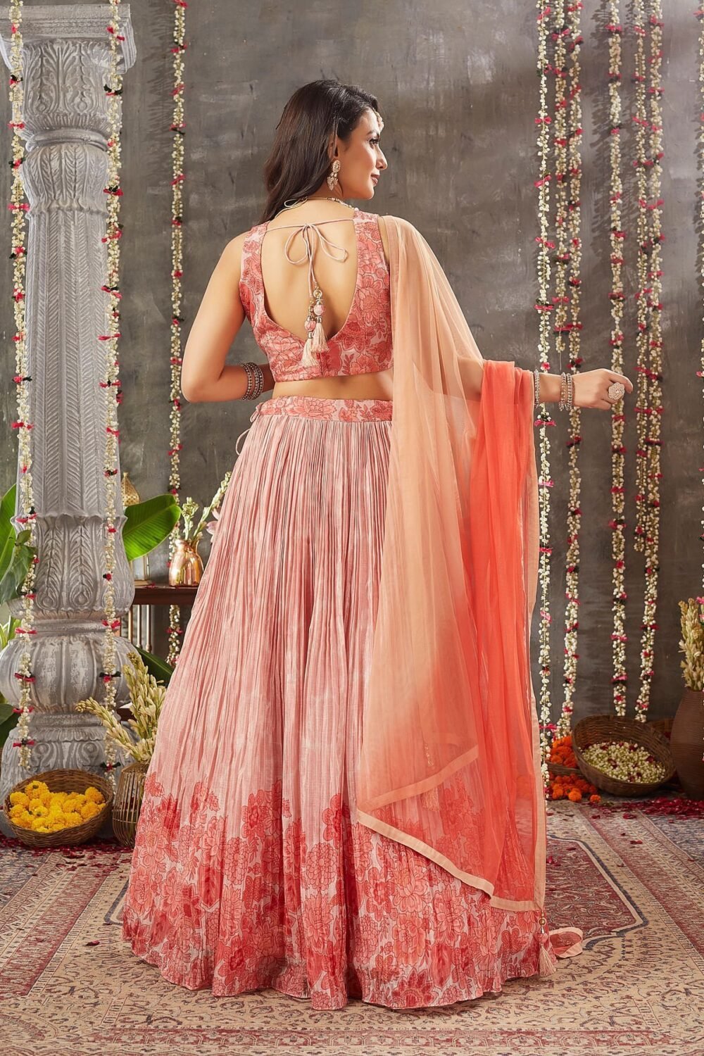 Peach Pearl Sequins Embroidered Crepe Party Wear Lehenga - Image 8