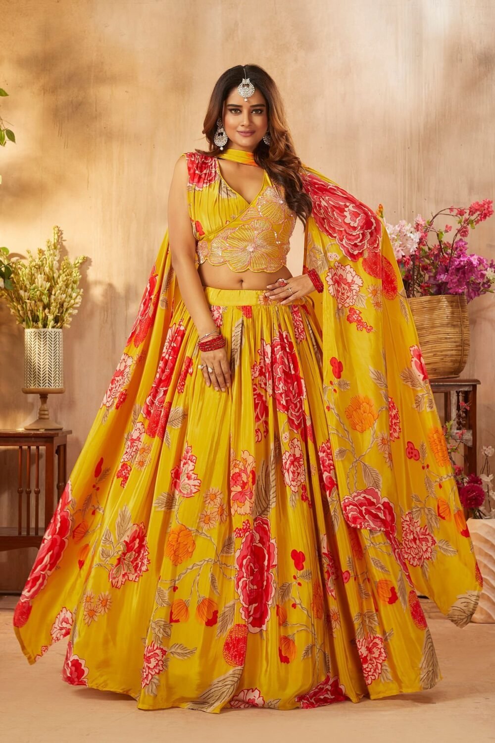 Golden Yellow Printed Crepe Party Wear Lehenga