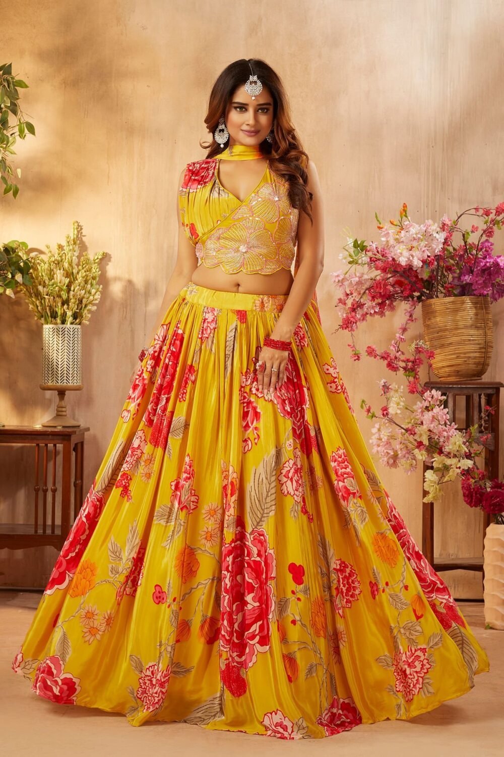 Golden Yellow Printed Crepe Party Wear Lehenga - Image 3