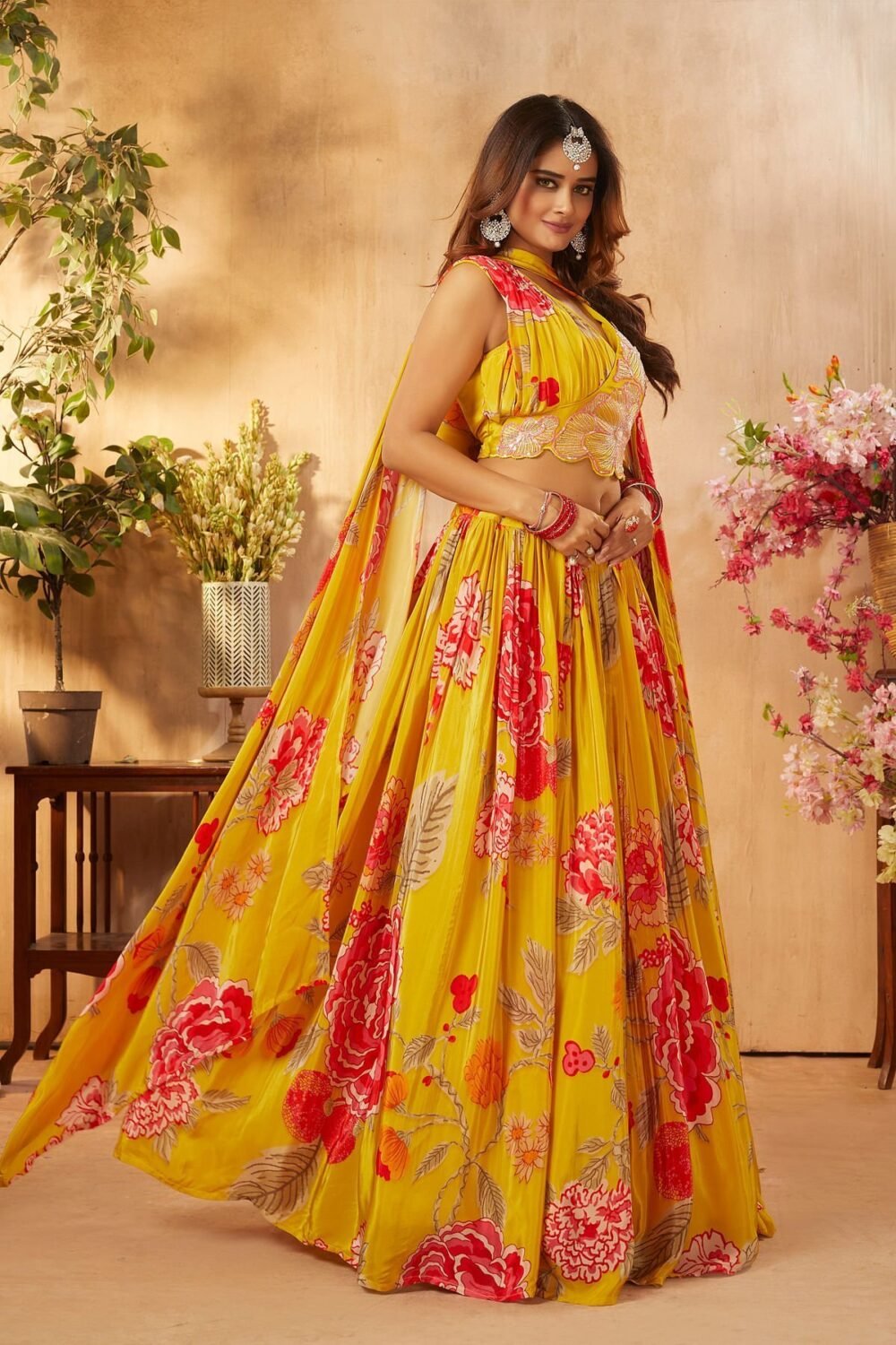 Golden Yellow Printed Crepe Party Wear Lehenga - Image 2