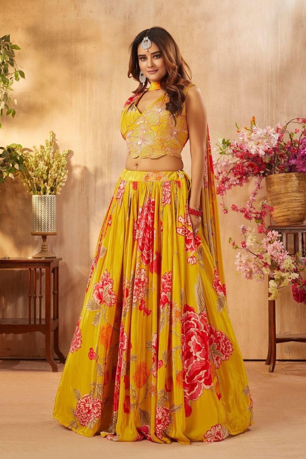 Golden Yellow Printed Crepe Party Wear Lehenga - Image 5