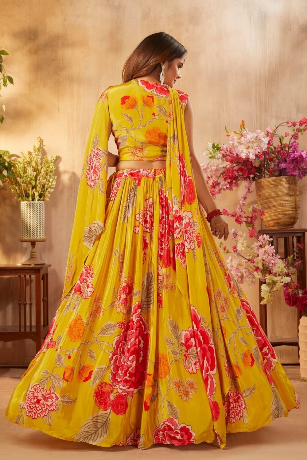 Golden Yellow Printed Crepe Party Wear Lehenga - Image 7