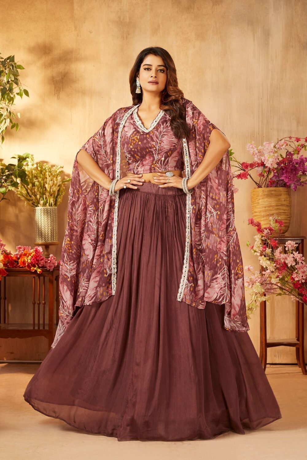 Rose Brown Sequins Embroidered Crepe Party Wear Lehenga