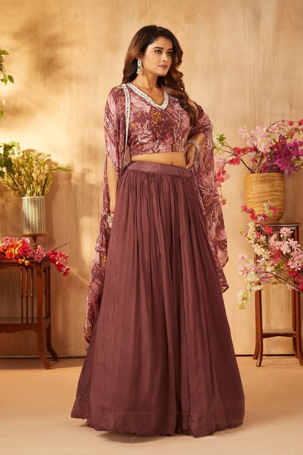 Rose Brown Sequins Embroidered Crepe Party Wear Lehenga - Image 3