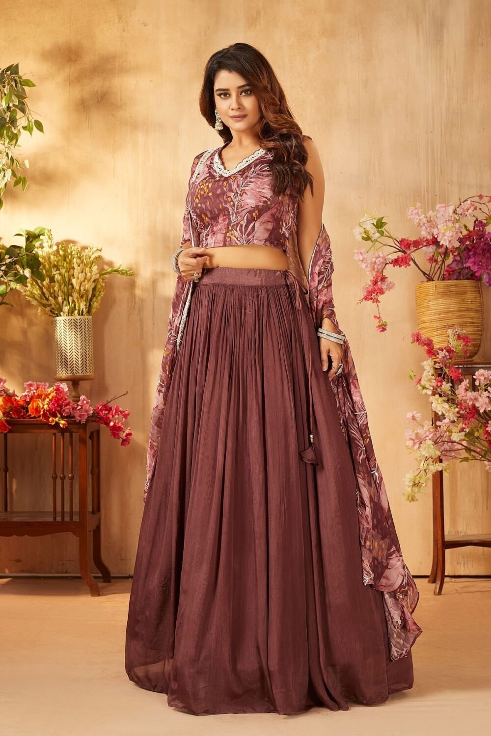 Rose Brown Sequins Embroidered Crepe Party Wear Lehenga - Image 5