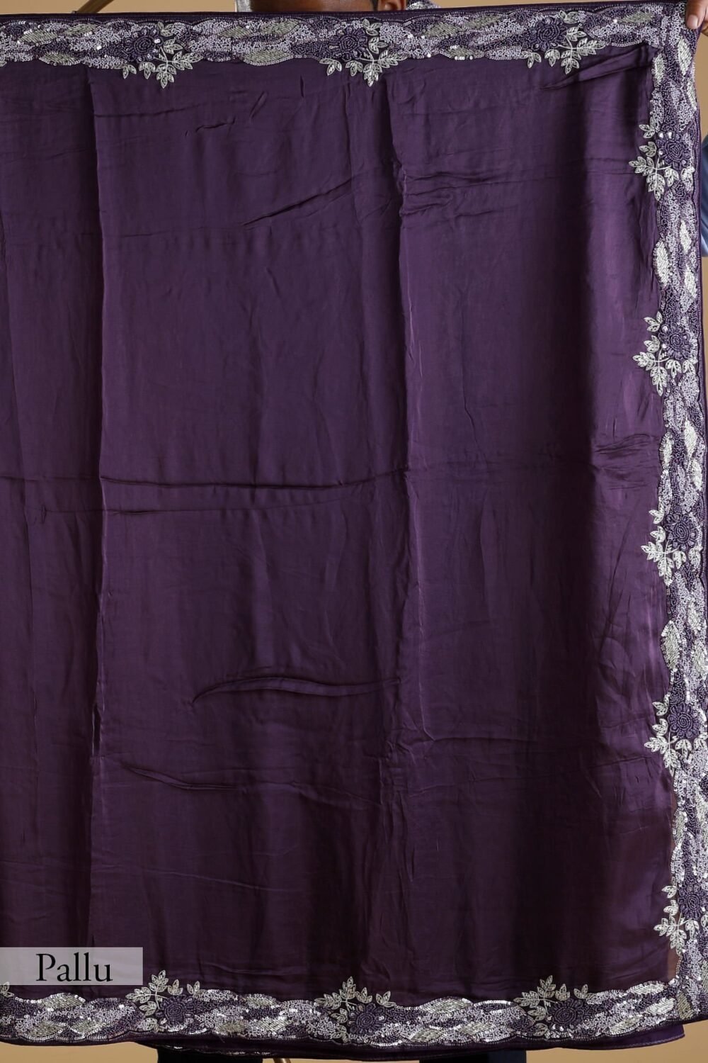 Dark Purple Cutdana Embroidered Abuthai Silk Saree - Image 3