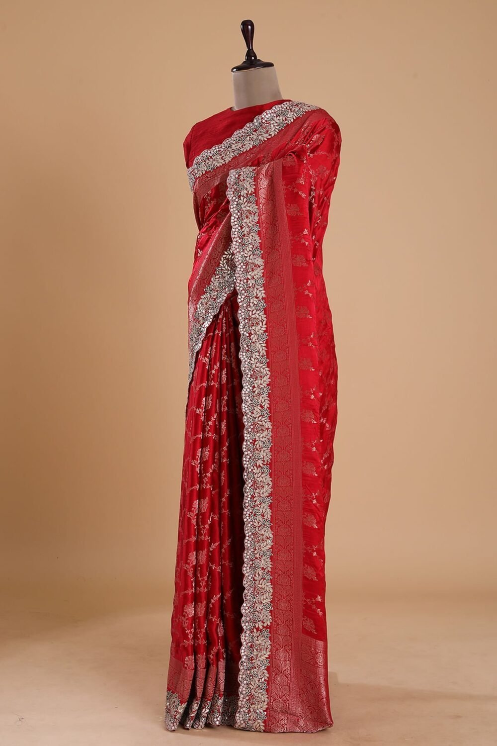 Crimson Red Gota Embroidered Satin Silk Saree - Image 3